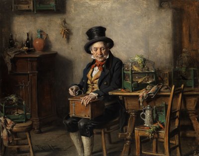 Old Man with Music Box by a Birdcage by Hermann Kern